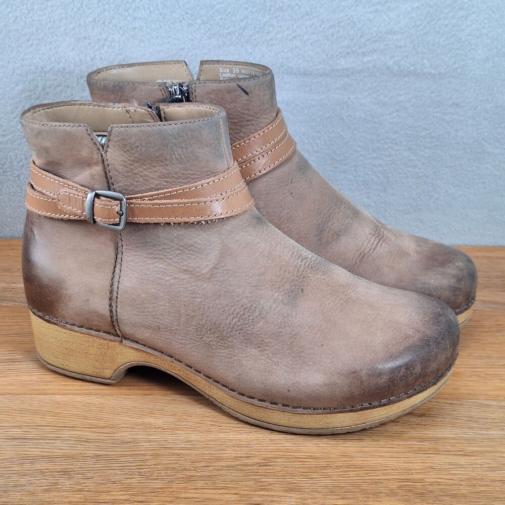 Dansko Brook Women's 7.5 EU 38 Ankle Bootie Taupe Leather Zip Low Block Heel
